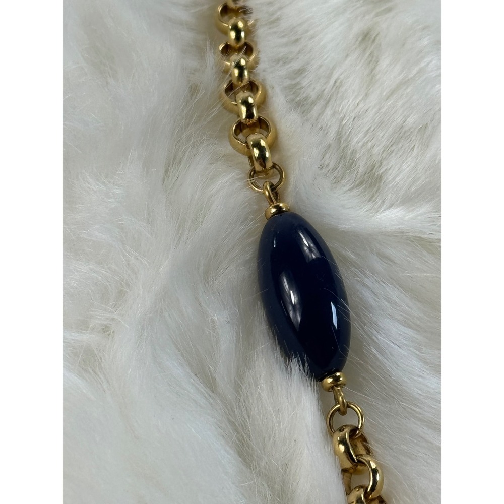 Vintage Monet Gold Tone Navy Blue Bead Station Necklace and Clip On Earring Set - Picture 4 of 9